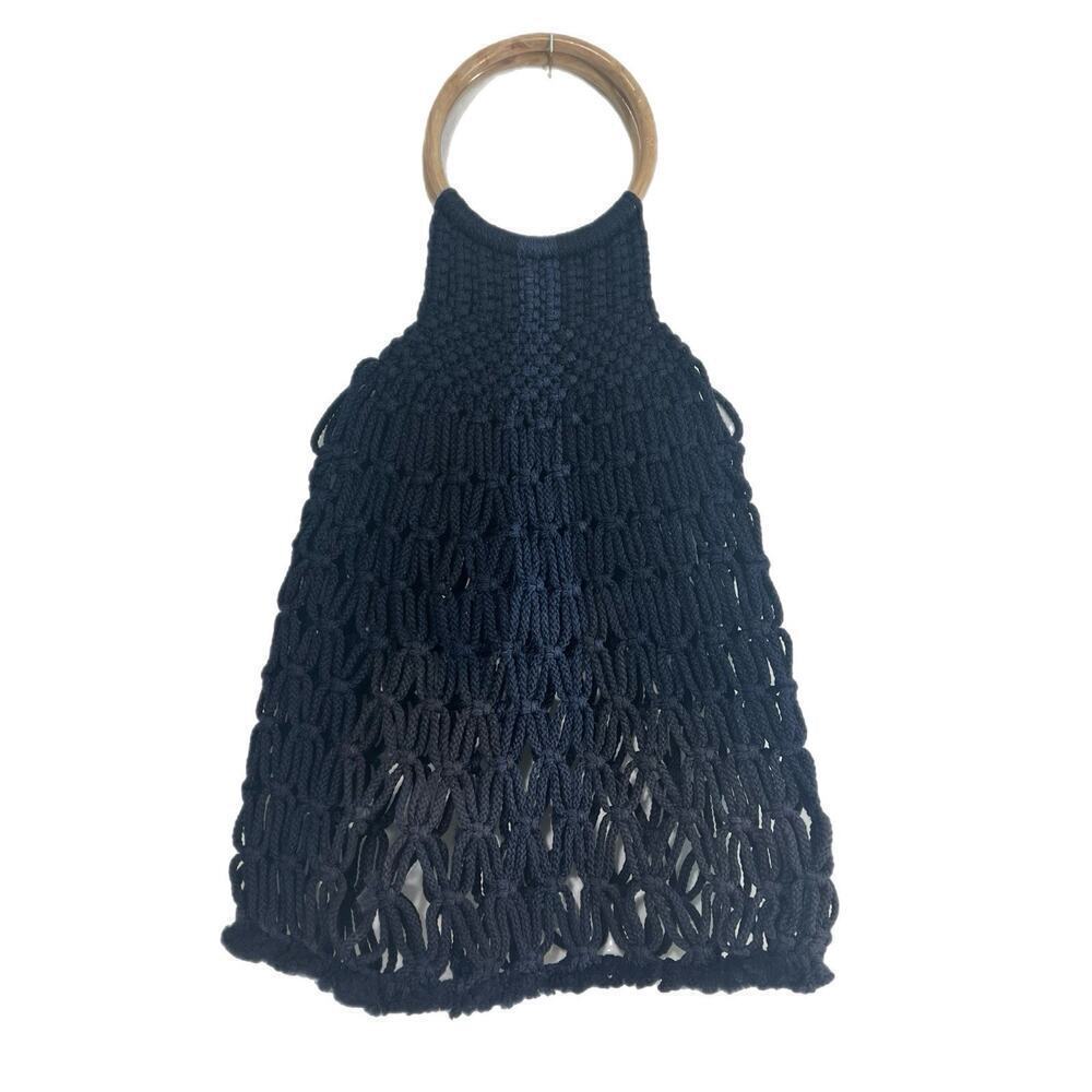 Macrame Crochet Shopping Bag Wooden Handle Woven Boho Navy Large Beach Festival